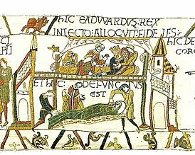 Сцена на гобелене из Байё, на которой изображён умирающий Эдуард Исповедник. Предполагается, что человек, поддерживающий подушку, на которую опирается умирающий король — это Роберт Фиц-Вимарк.