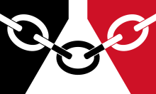 Flag of the Black Country, with colours representing Elihu Burritt's description of the region as "black by day and red by night", adopted July 2012 Black Country Flag.svg