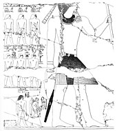 Large figure of a king standing and holding a staff. On the left, two rows of small figures with hieroglyphs detailing their names.