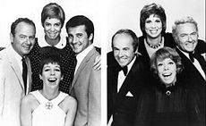 On the left, cast members in 1967 (clockwise from the bottom): Burnett, Harvey Korman, Vicki Lawrence and Lyle Waggoner. On the right, the 1977 cast: Burnett, Tim Conway, Lawrence and Korman. Carol Burnett show cast 1977.JPG