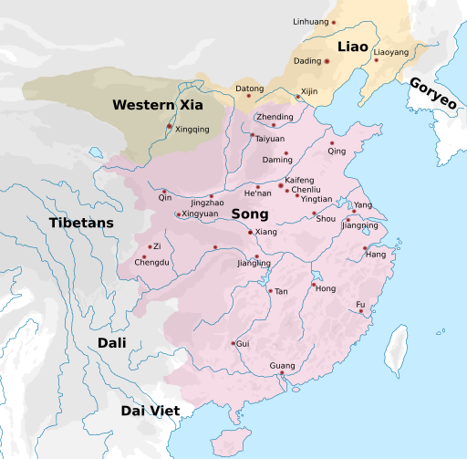 A map showing a territory of the Song, Liao, in addition to Western Xia dynasties. The Song occupies the east half of what constitutes the territory of the advanced China, apart from for the northernmost areas (modern Inner Mongolia & above). Western Xia occupies a small strip of land surrounding a river in what is now Inner Mongolia and Ningxia, and the Liao occupy a large portion of what is today north-east China.