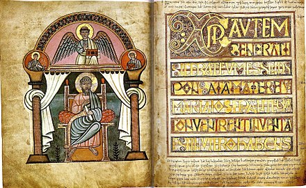 The evangelist portrait and Incipit to Matthew from the Stockholm Codex Aureus, one of the "Tiberius group", show the Northumbrian Insular and classicising continental styles that combined and competed in early Anglo-Saxon manuscripts. It was probably made in Canterbury. CodexAureusCanterburyFolios9v10r.jpg