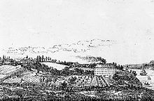 Elfviks gård och den fabriksbyggnad (med skorstensrök) som uppfördes 1805–1806. Vy från Söderåsen österut. Tecknad bild av A.F. Cederholm från 1816.