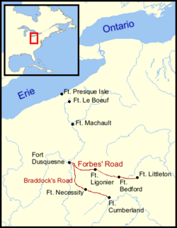 Location of Fort Lyttleton (spelled Littleton here) at the easternmost end of the Forbes Road