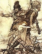 The giants Fafner and Fasolt seize Freyja in Arthur Rackham's illustration of Richard Wagner's Der Ring des Nibelungen.