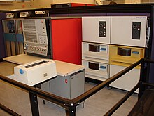 IBM System/360 Model 30 CPU (red, middle of picture), tape drives to its left, and disk drives to its right, at the Computer History Museum IBM System360 Model 30.jpg