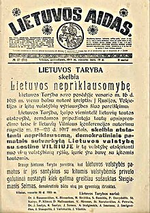 Une d'un vieux journal lituanien publiant la Déclaration.