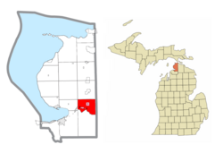 Location within Emmet County and the administered village of Alanson (1) and communities of Oden (2) and Ponshewaing (3)