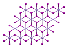 Ball-and-stick model of part of a layer in the crystal structure of manganese(II) iodide