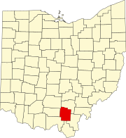 Kort over Ohio med Jackson County markeret