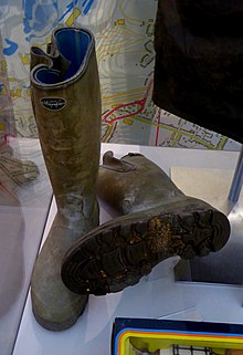 A pair of Eavis' wellington boots on display at the Museum of English Rural Life in Reading Michael Eavis' Wellington Boots.jpg