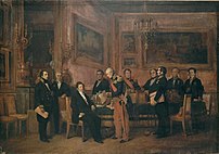 Council of Ministers in the Palais des Tuileries: Marshal Soult presents to Louis-Philippe a draft law on August 15 1842. Guizot stands on the left. Paiting of Claude Jacquand (1803-1878), said Claudius-Jacquand, 1844.