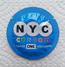 A condom given out by NYC Health Department during the Stonewall 50 - WorldPride NYC 2019 celebrations. NYC condom 2019.jpg