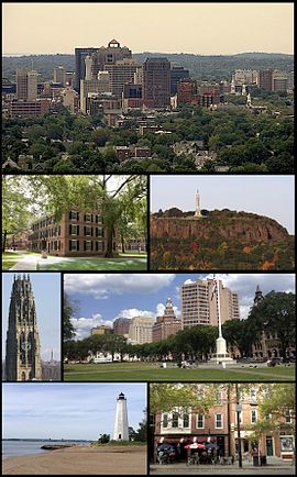 Montage of New Haven. Clockwise from top left: downtown New Haven skyline, East Rock Park, summer festivities on the New Haven Green, shops along Upper State Street, Five Mile Point Lighthouse, Harkness Tower, and Connecticut Hall at Yale.