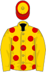 Yellow, red spots,yellow sleeves, yellow cap, red hoop