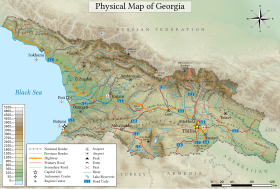Carte topographique de la Géorgie ; le Likhi sépare la Géorgie orientale de la Géorgie occidentale.