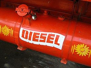 A red tank of diesel fuel on a truck in Bombay...