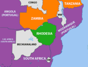 The geographical situation in 1965 (left, on UDI) and 1975 (right, after the independence of Mozambique and Angola from Portugal). Green: Rhodesia; purple: friendly nations; orange: hostile states; grey: neutral countries
