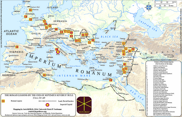 A map of the Mediterranean labeled 'THE ROMAN LEGIONS BY THE END OF SEPTIMIUS SEVERUS' RULE'.