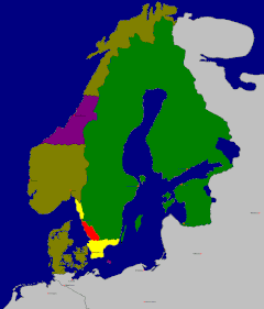 Roskilden rauhan rajamuutokset. Kartassa rauhaa edeltänyt Ruotsi on vihreällä, rauhan jälkeinen Tanska-Norja ruskealla, sekä Ruotsin saamat Skåne ja Bohuslän keltaisella, Halland punaisella ja Trondheimin lääni ja Bornholmin saari violetilla.