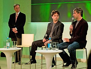 Left to right, Eric E. Schmidt, Sergey Brin an...