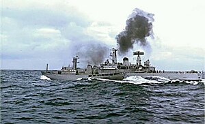 Icelandic patrol ship ICGV Odinn and British frigate HMS Scylla clash during the Second Cod War Scylla-Odinn.jpg