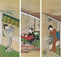 Katsukawa Shunshō (1726-1793), de gauche à droite : Sei Shōnagon (hiver), Murasaki Shikibu (automne) et Ono Komachi (printemps).