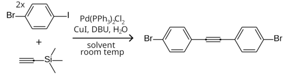 Symmetrical Sonogashira coupling of 1-bromo-4-iodobenzene with trimethylsilylacetylene with in situ TMSA deprotection.