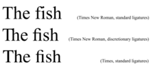 The Windows version of Times New Roman does not automatically provide ligatures, but provides "fi" and "Th" when discretionary ligatures are enabled. Times provides "fi" as standard ligature, but not "Th". Times vs Times New Roman.png