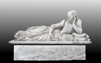 Deux éléments du tombeau de Valentine Balbiani (1518-1572), épouse du futur cardinal René de Birague. Le bas-relief représente son cadavre tandis que le gisant la montre accoudée, feuilletant un livre, en présence d'un chien. Le tombeau fut exécuté en 1574 par Germain Pilon puis détruit en 1783. (définition réelle 3 227 × 2 004)