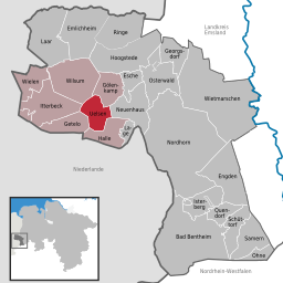 Läget för kommunen Uelsen i Landkreis Grafschaft Bentheim