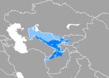 Карта, показывающая, что на узбекском говорят по всему Узбекистану, за исключением западной трети (где преобладает Каракалпак) и Северного Афганистана.