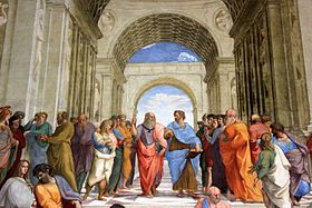 The School of Athens, a famous fresco by the Italian Renaissance artist Raphael, with Plato and Aristotle as the central figures in the scene Vaticano 2011 (88).JPG