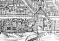 Das Kütertor mit den links davon gelegenen Schlachthäusern, dargestellt auf der Lübecker Stadtansicht des Elias Diebel von 1552