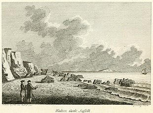 Engraving of the remains of Walton Castle on the beach, 1766, by Francis Grose. Walton Castle - Francis Grose.jpg