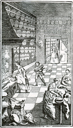 Köksscen på 1700-talet ur Cajsa Wargs kokbok
