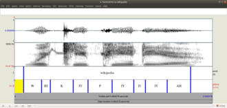 A waveform (top), spectrogram (middle), and transcription (bottom) of a woman saying "Wikipedia" displayed using the Praat software for linguistic analysis
.mw-parser-output .side-box{margin:4px 0;box-sizing:border-box;border:1px solid #aaa;font-size:88%;line-height:1.25em;background-color:#f9f9f9;display:flow-root}.mw-parser-output .side-box-abovebelow,.mw-parser-output .side-box-text{padding:0.25em 0.9em}.mw-parser-output .side-box-image{padding:2px 0 2px 0.9em;text-align:center}.mw-parser-output .side-box-imageright{padding:2px 0.9em 2px 0;text-align:center}@media(min-width:500px){.mw-parser-output .side-box-flex{display:flex;align-items:center}.mw-parser-output .side-box-text{flex:1}}@media(min-width:720px){.mw-parser-output .side-box{width:238px}.mw-parser-output .side-box-right{clear:right;float:right;margin-left:1em}.mw-parser-output .side-box-left{margin-right:1em}}
.mw-parser-output .listen .side-box-text{line-height:1.1em}.mw-parser-output .listen-plain{border:none;background:transparent}.mw-parser-output .listen-embedded{width:100%;margin:0;border-width:1px 0 0 0;background:transparent}.mw-parser-output .listen-header{padding:2px}.mw-parser-output .listen-embedded .listen-header{padding:2px 0}.mw-parser-output .listen-file-header{padding:4px 0}.mw-parser-output .listen .description{padding-top:2px}.mw-parser-output .listen .mw-tmh-player{max-width:100%}@media(max-width:719px){.mw-parser-output .listen{clear:both}}@media(min-width:720px){.mw-parser-output .listen:not(.listen-noimage){width:320px}.mw-parser-output .listen-left{overflow:visible;float:left}.mw-parser-output .listen-center{float:none;margin-left:auto;margin-right:auto}}
.mw-parser-output .plainlist ol,.mw-parser-output .plainlist ul{line-height:inherit;list-style:none;margin:0;padding:0}.mw-parser-output .plainlist ol li,.mw-parser-output .plainlist ul li{margin-bottom:0}
Listen
The accompanying audio Waveform spectrogram and transcription of wikipedia in praat.png