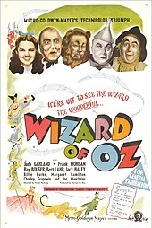 Affiche du Magicien d’Oz présentant Dorothy, le Magicien, le Lion peureux, l’Homme de fer et l’Épouvantail.