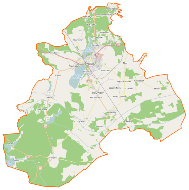 Mapa konturowa gminy Wolsztyn, blisko centrum u góry znajduje się punkt z opisem „Wolsztyn”