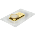 Ein 100-g-Goldbarren im Vergleich zu einer 1-€-Münze
