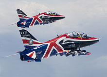 Two Hawk T1s of RAF 208 Squadron in the 2010 display season livery 2010 Hawk Display Jets MOD 45151398.jpg