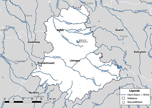 Carte des cours d'eau de longueur supérieure à 50 km de la Haute-Vienne.