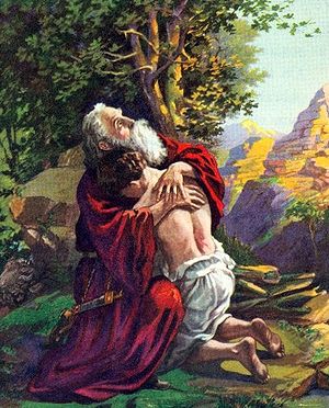 Abraham embraces his son Isaac after receiving...