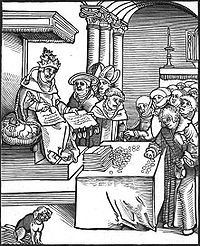 The pope depicted as the Antichrist, signing and selling indulgences, from Martin Luther's 1521 Passional Christi und Antichristi, by Lucas Cranach the Elder Antichrist1.jpg