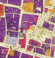 London Blitz bomb damage map, c. 1945 (purple: damaged beyond repair; scarlet: seriously damaged, doubtful if repairable; other colours: lower levels of damage)[10]