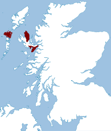 Lands possessed by the clan in the late 16th century. Clan Macdonald of Sleat map.svg