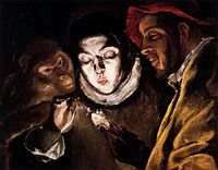 El Greco - Allegorie met een jongen die een kaars aansteekt in gezelschap van een aap en een zot (Fábula), ca. 1580