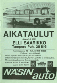 Elli Saarikon bussiyhtiön vuoden 1971 aikataulukirjan kansi.