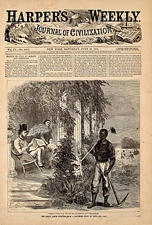 Harper's Weekly cover of July 29, 1865; the text in the planter's speech balloon reads "My boy, we've toiled and taken care of you long enough. Now you've got to work!" Harper's Weekly cover 1865 July 29.jpg