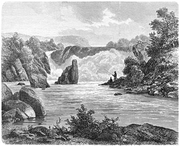 Vattenfallet på 1860-talet före dammbyggnaden Xylografi ur bildverket Nordiska Taflor från 1865.